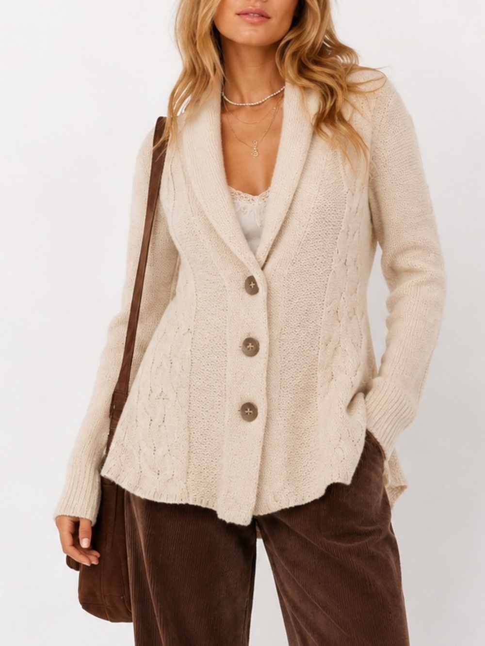 Boho Cream Cable Knit Shawl Cardigan Fringe Wool Blend XS